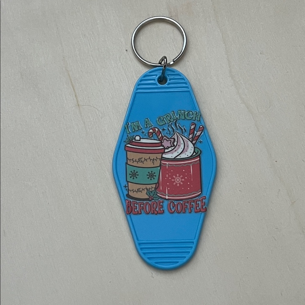 I’m a Grinch Before Coffee” Holiday Key Tag – Blue Retro Motel Style